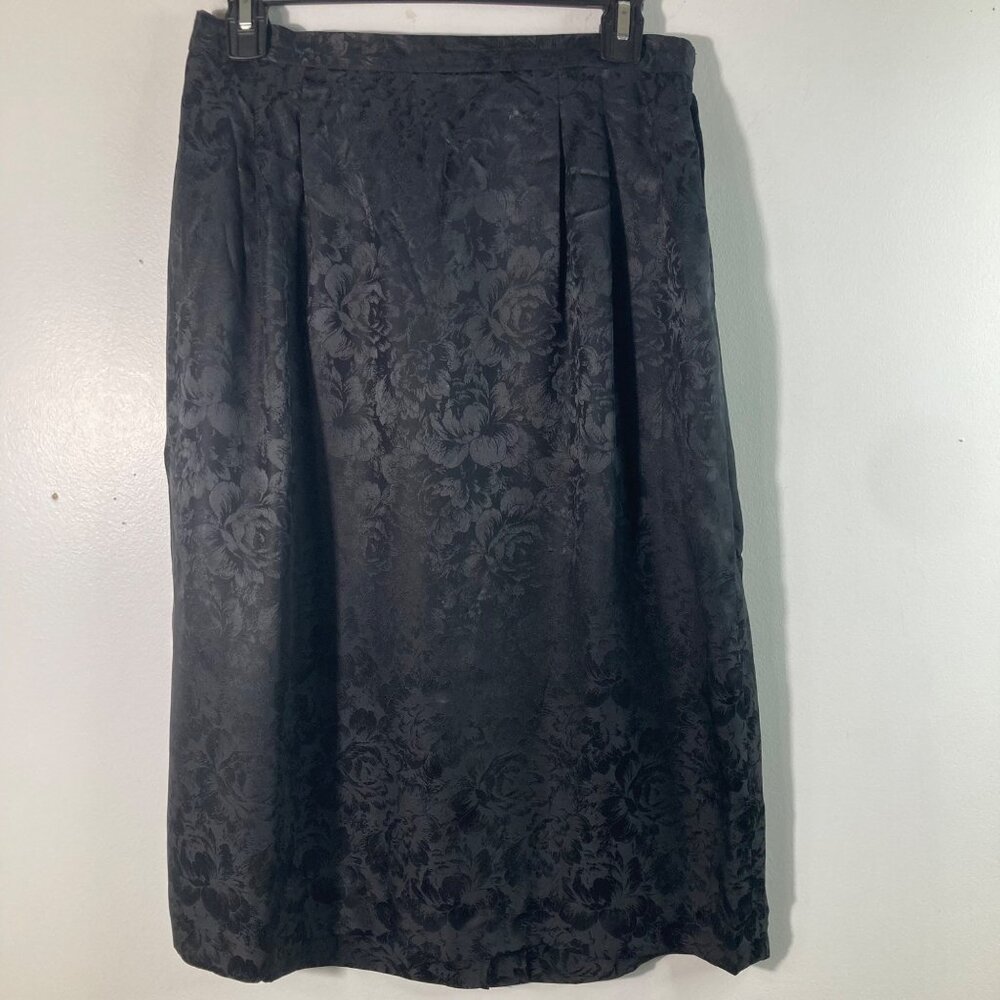 Womens Vintage Silk Studio Floral Embossed Silk Skirt Knee Black 28" Stretch Bac